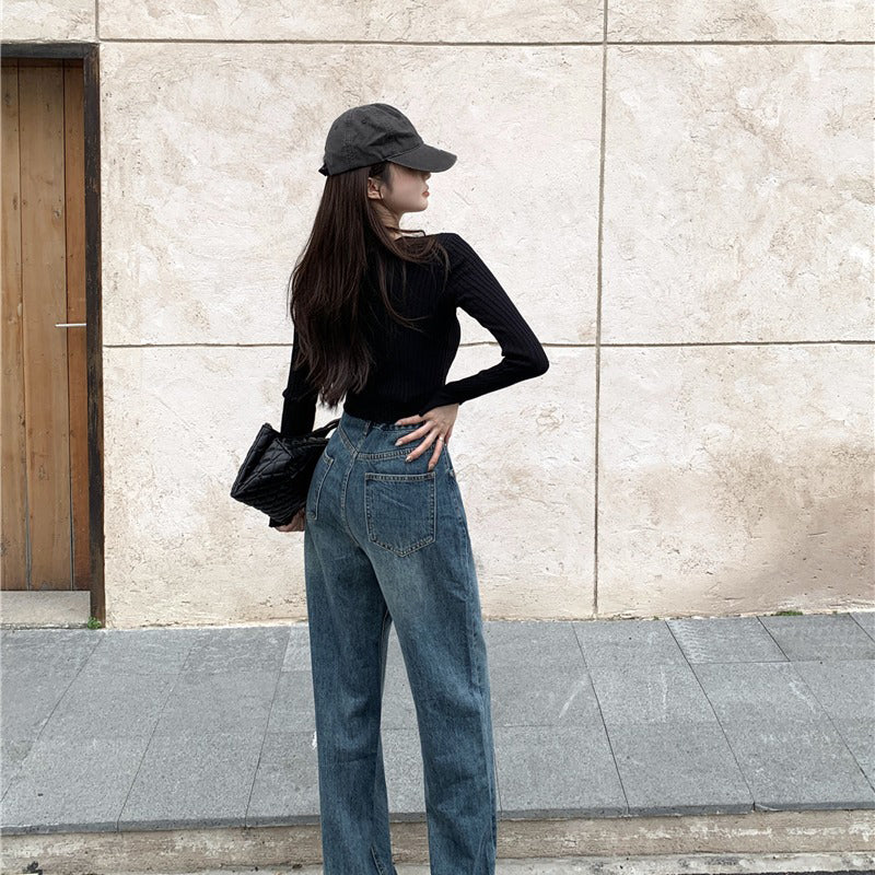 Retro Design Sense New High-waisted Wide Leg Jeans