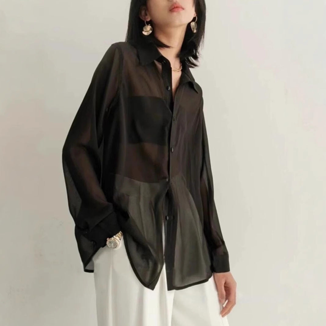 Lady Temperament Micro Transparent Chiffon Shirt Air Conditioning Shirt