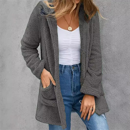 New Women's Cardigan Double Pocket Hooded Solid Color Fleece Cardigan Jacket