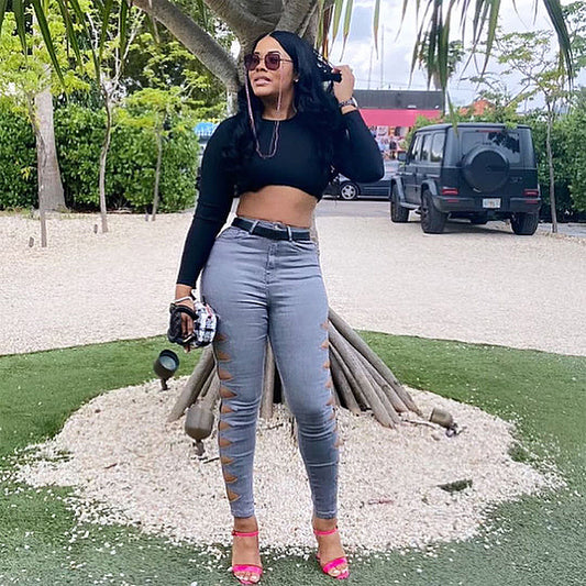 Fashion Casual Solid Color Ripped Jeans