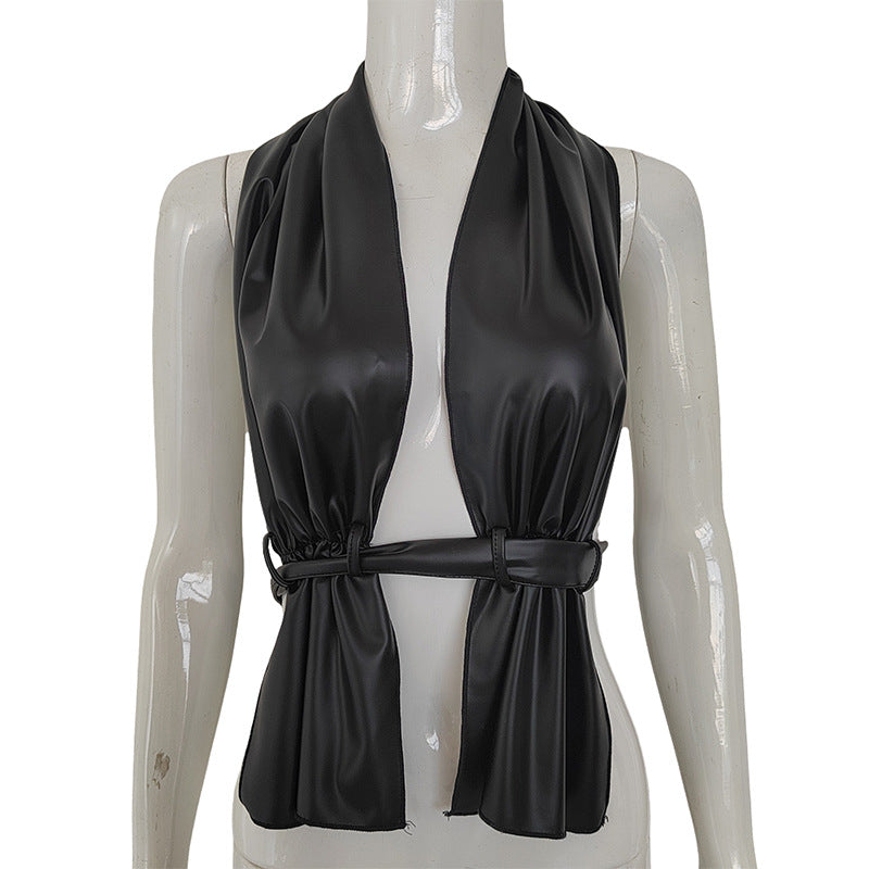 Arrival PU Leather Halter Vest Hollow-out Top