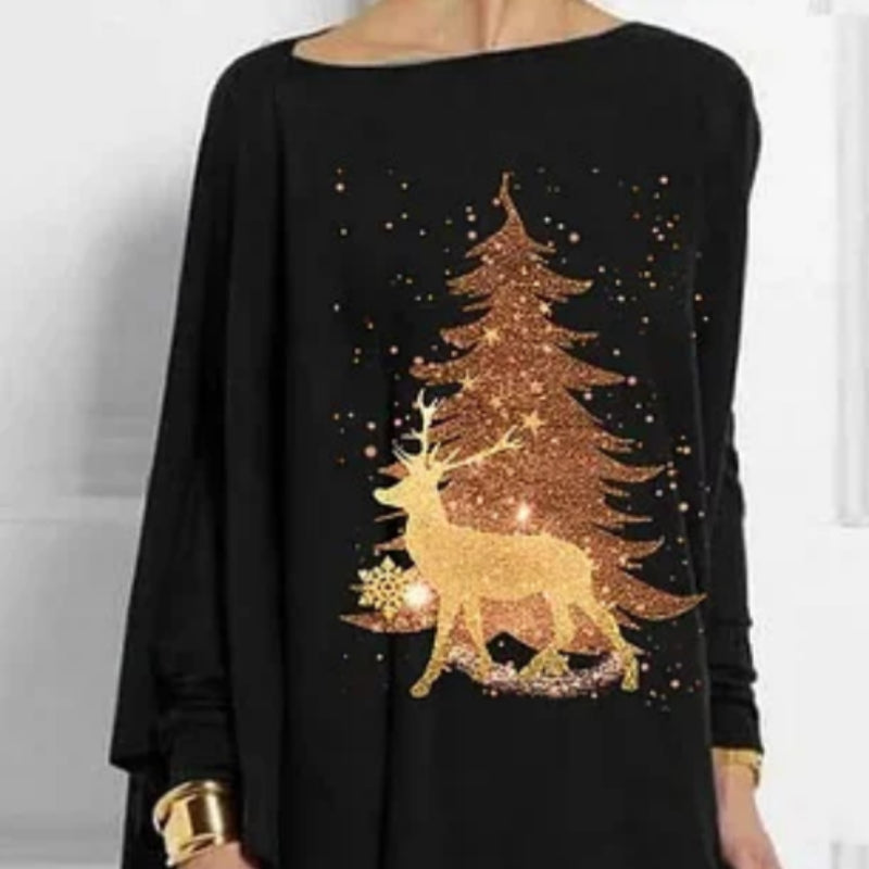 Golden Christmas Tree Printed Mid-Length Irregular Women's Tops