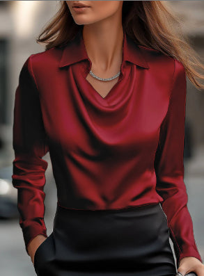 Dame Bluser med Svunget Krave og Drapering Elegant Ensfarvet Satin Kontor Dame Top Pullover Forår Langærmet Casual Toppe