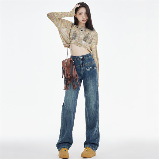 Dame Straight Jeans Mørkeblå Broderede Bogstaver