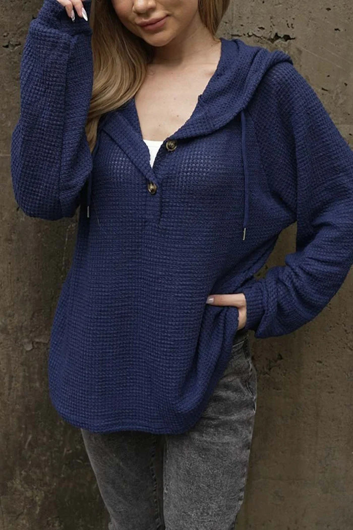 Ensfarvet hættetrøje med snøre V-udskæring Casual Løstsiddende langærmet sweatshirt