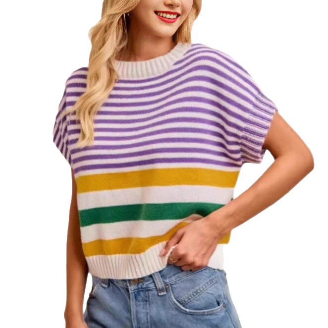 Round-neck Knit Top Striped Womens Clothing