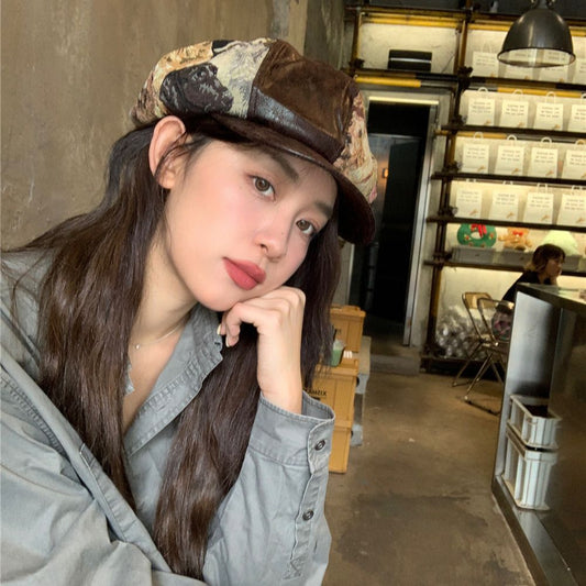 Artistic PU Leather Retro Puppy Stitching Octagonal Cap Corduroy