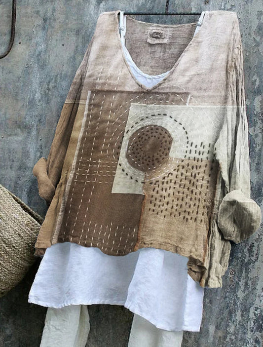 JApanese Sashiko Art Geometric Patchwork Linen Blend Long-sleeve Top