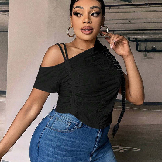 New Slim-fit Off-shoulder Diagonal Neckline Solid Color T-shirt