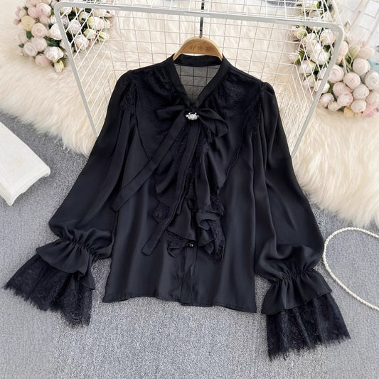 Womens Retro Elegant Loose-Fit Lace-Patch Flare-Sleeve Shirt
