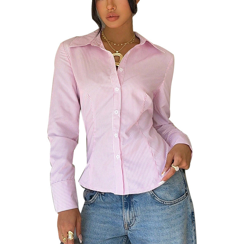 Elegant Striped Waist-tied Long-sleeve Shirt For Women