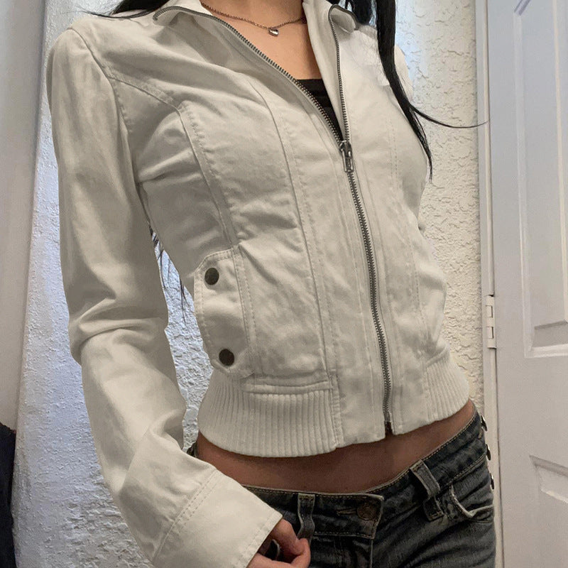 Retro Waist-controlled Zipper Stand-up Collar Jacket