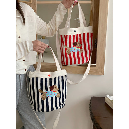 Cartoon Puppy Striped Bucket Bag One Shoulder Crossbody Bucket