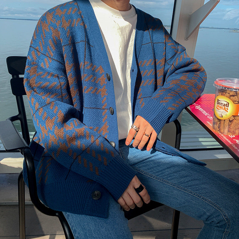 Plaid Sweater Korean Version Knitted Sweater Cardigan Men's Coat