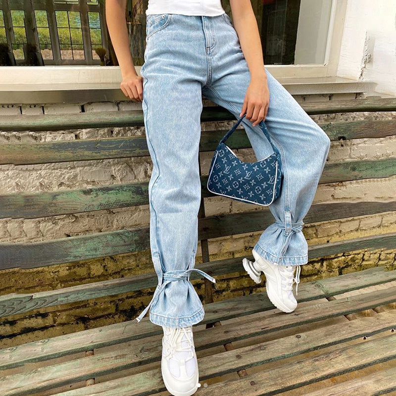 Women's New High-Waisted Skinny Jeans With Lace-Up Legs