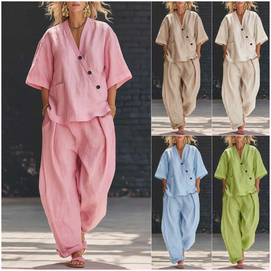 V-neck Loose-fit Short-sleeve Top And High-waist Trousers Two-piece Set