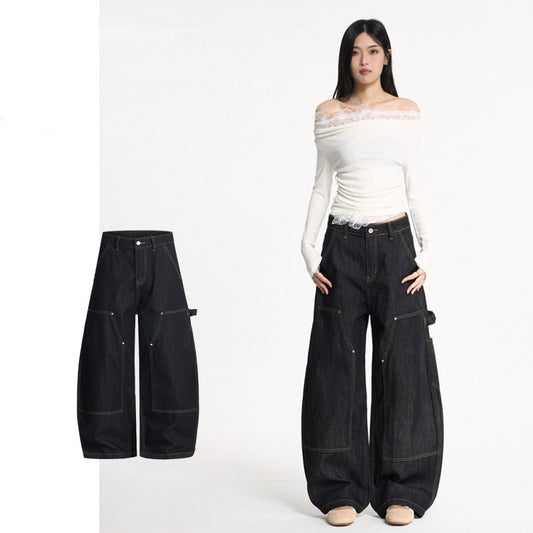 shaped Wide-leg Double-knee Raw Denim Workwear Jeans