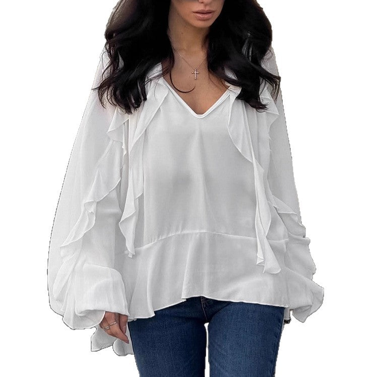Women's Simple Layered Ruffled V-neck White Shirt