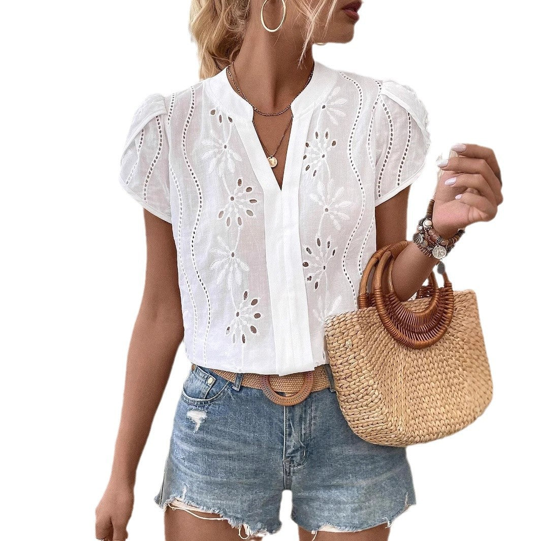 Lace-trimmed V-neck Pullover Short-sleeve Womens Blouse