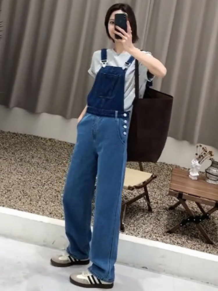 Vintage High Waist Denim Strap Pants Female