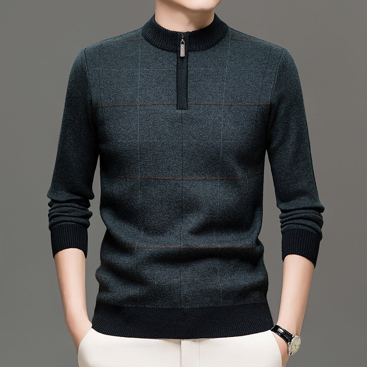 Mens Stylish Plaid Half-zip Knit Sweater