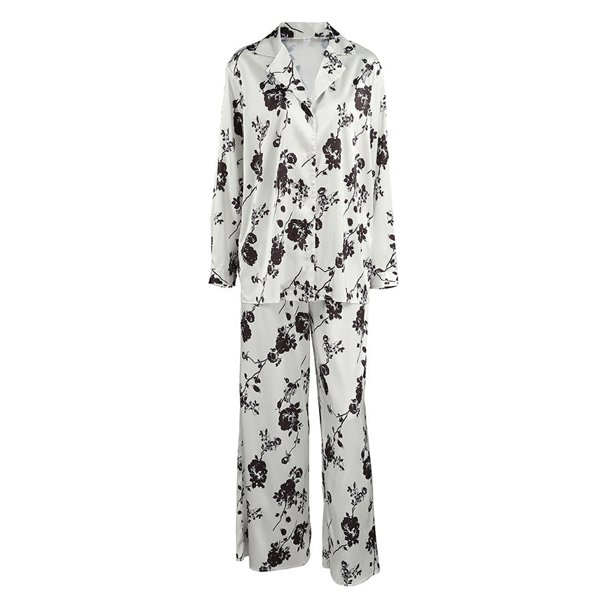 Womens Casual Stylish Autumn Printed Loose-Fit Long-Sleeve Pants Set For Home Wear