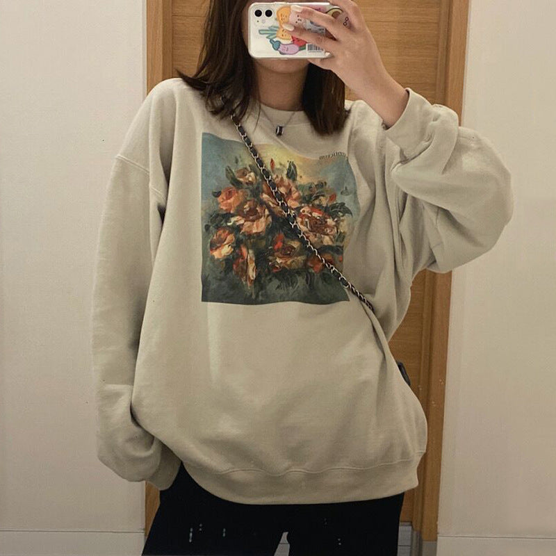 Retro Oil Painting Flower Sweater Women's Loose Sleeve Top