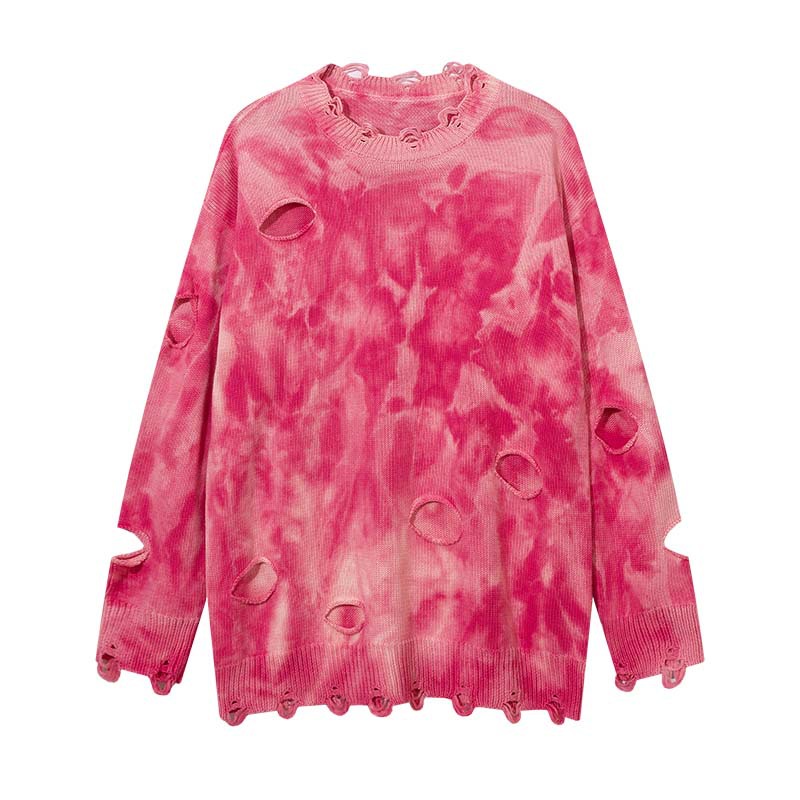 High Street American Beggar Style Tie-dyed Make Old Ripped Round Neck Sweater