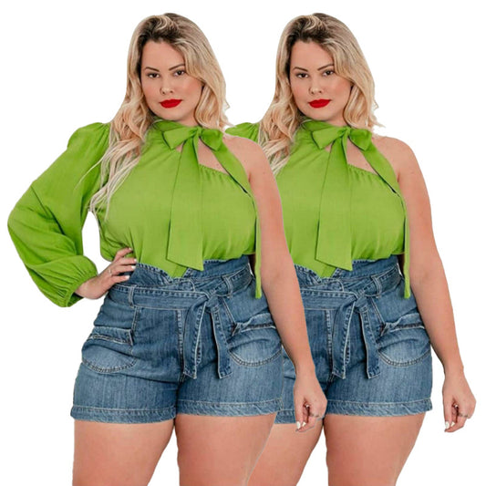 Solid-color Off-shoulder Long-sleeve T-shirt Plus-size Top