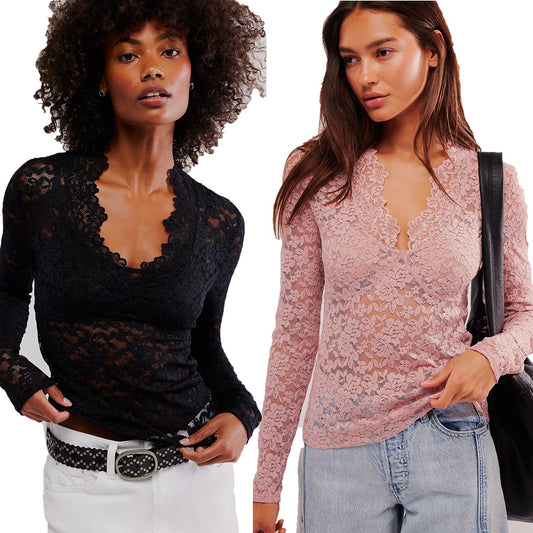 Hollow Lace Long-sleeved Top Bottoming Shirt V-neck