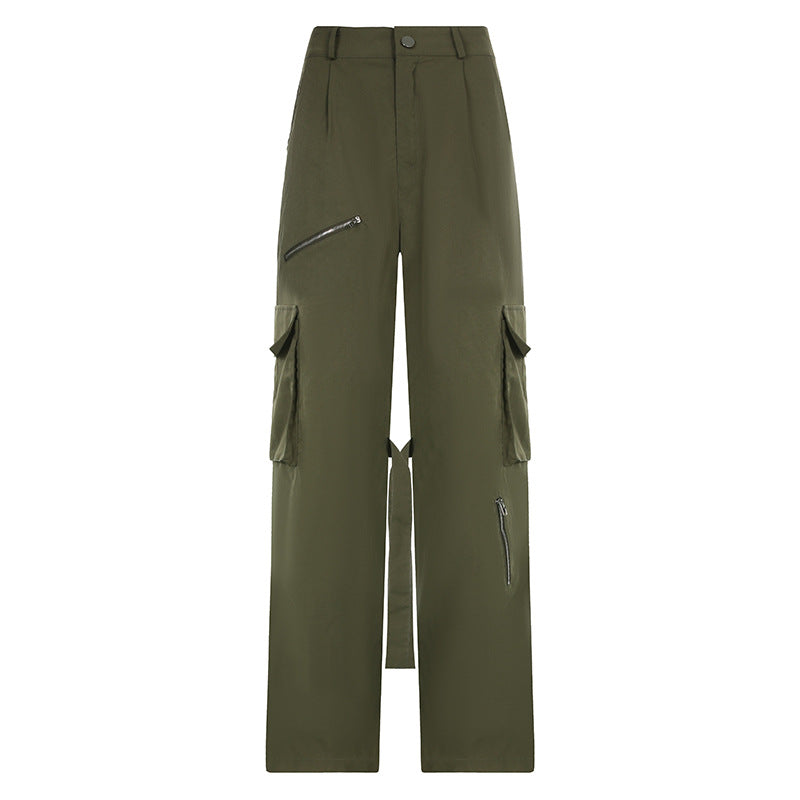 Women's Fashion Casual Multi-pocket Ribbon Wide-leg Workwear Trousers