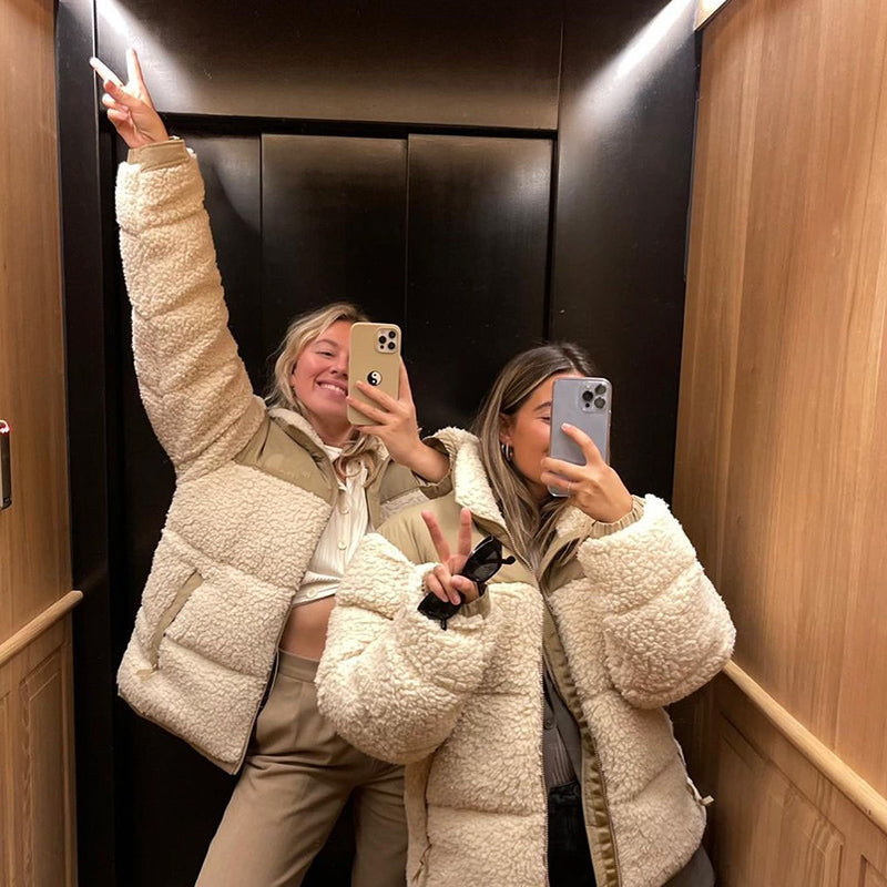 Women's Apricot Color Stitching Short Lamb Cashmere Jacket