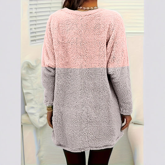Women's Warm Round-Neck Colorblock Pocket Pullover