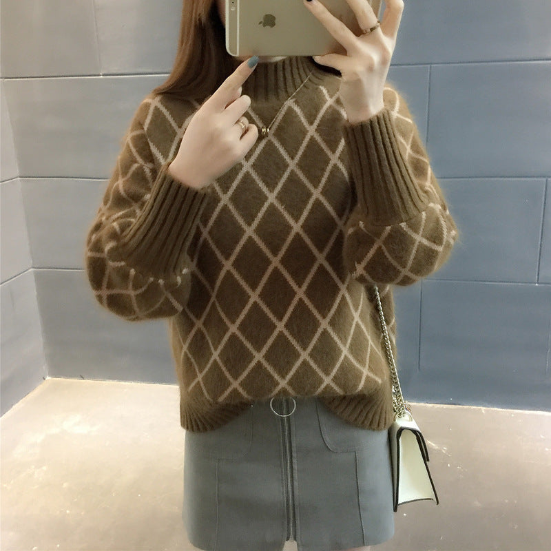 Korean Style Trendy Diamond Grid Pullover Knitted Sweater