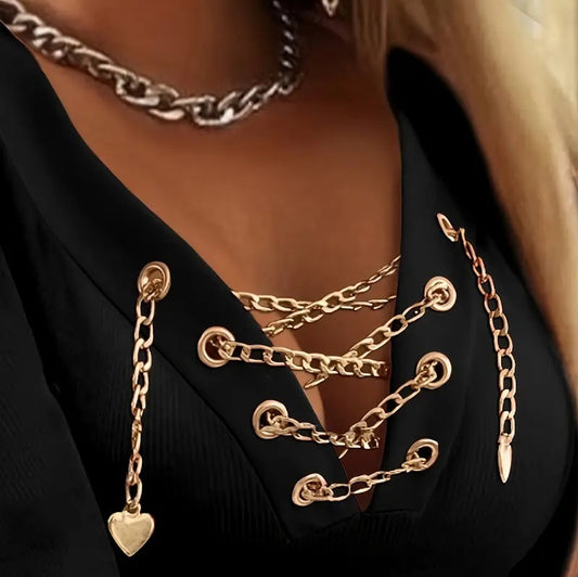Elegant Long Sleeve V-neck Solid Color Chain Women's Casual T-shirt