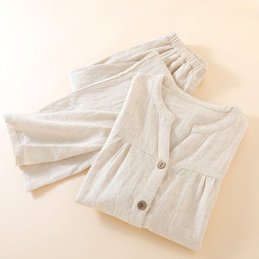 Womens Autumn Japanese-Style V-Neck Solid-Color Long-Sleeve Pantsuit