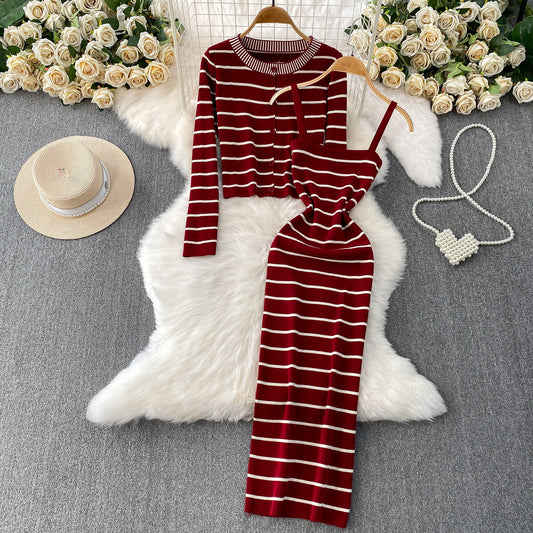 Elegant Striped Slip Dress And Knitted Cardigan Set