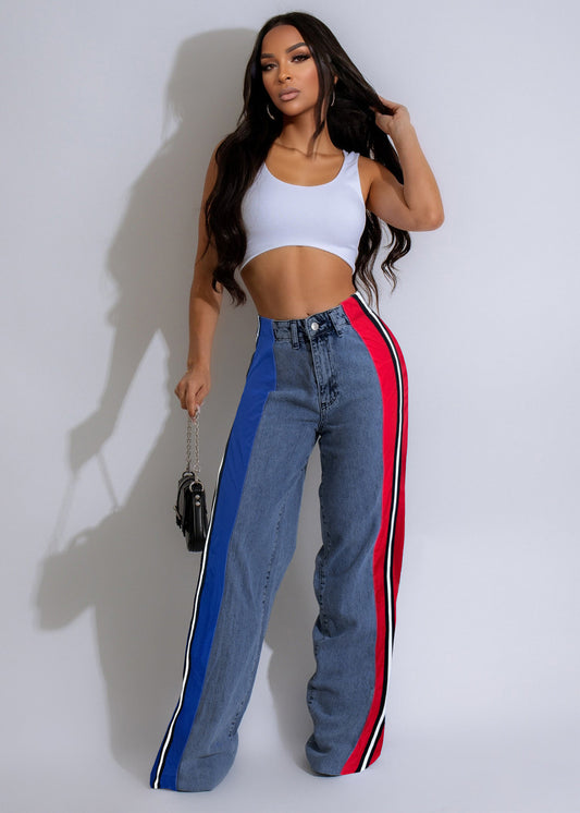 Stylish Patchwork Striped Contrasting Denim Jeans
