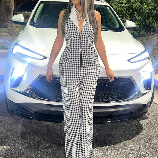 Sexy Backless Blouse Collar Zipper Plaid Jumpsuit
