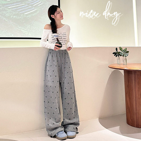 High-Street American-Style Floral Dog Paw Print Casual Pants For Women