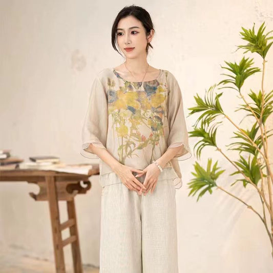 Top Plus Size Loose Casual New Chinese Style Summer Women's Artistic Short Sleeve