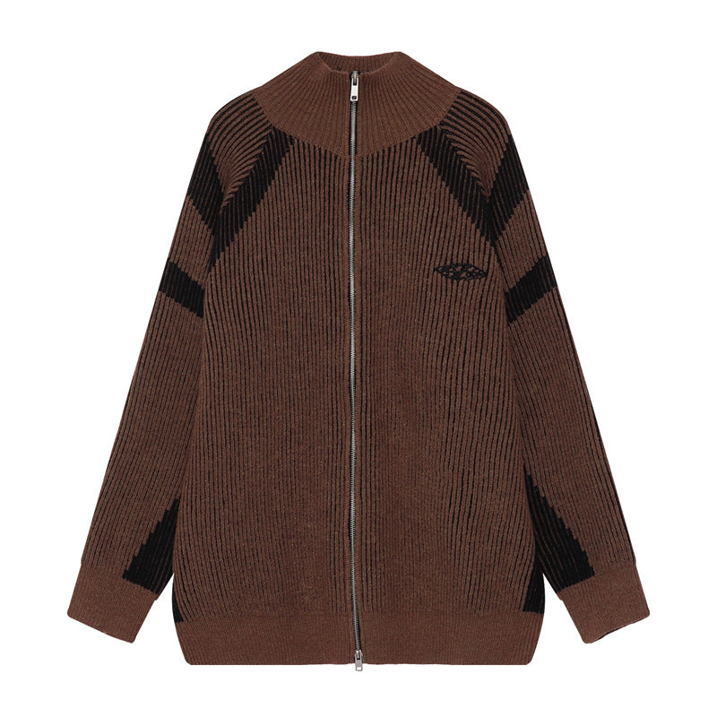 Men's Fashion Casual Retro Contrast Color Striped Zipped Stand Collar Sweater