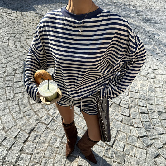 American Retro-Style Striped Crew-Neck Long-Sleeve Shorts Set