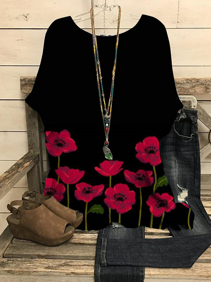 New Casual Loose Printed Crew Neck Top