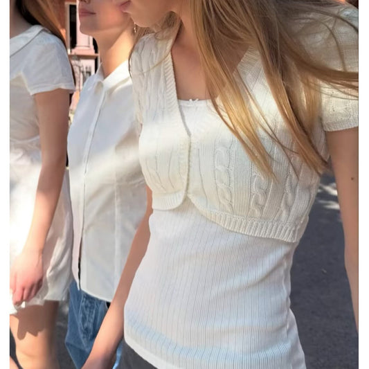 Womens Knitted Short-sleeve Cardigan Top