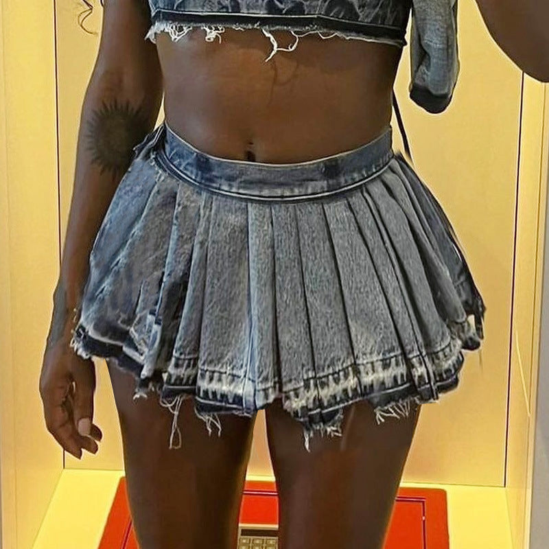 Casual High Waist Pleated Denim Skirt For Women