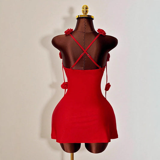 3D Floral-decorated Slip Dress With A Cinched Waist For A Slimming Fit