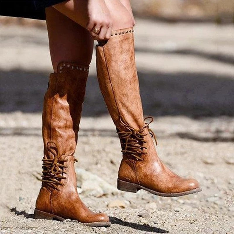 Womens Leather Boots With A Round Toe And Front Laces