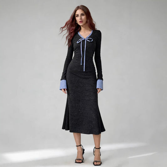 Gray Fitted-waist Sheath-style Long-sleeve Knit Womens Dress