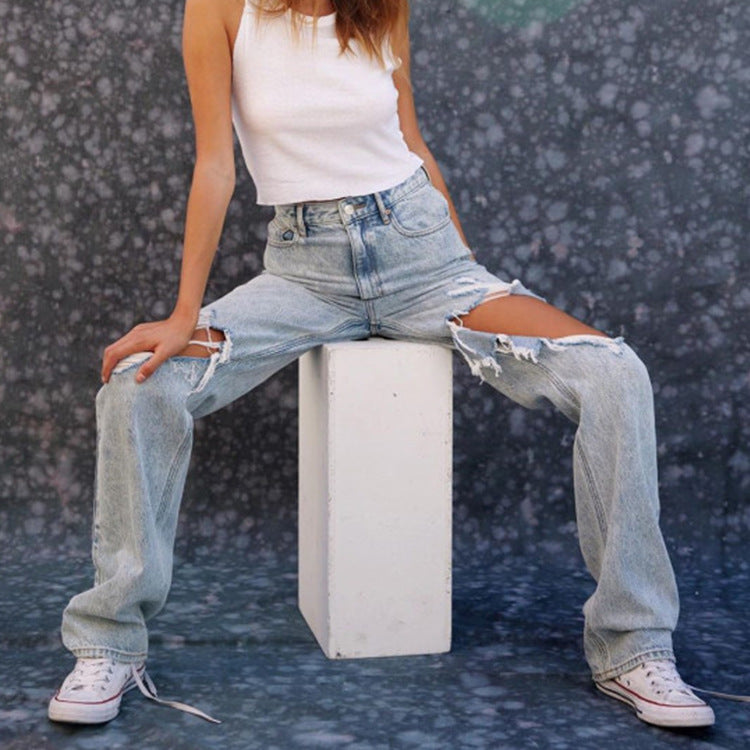 European And American Ladies Jeans Ripped Holes Show Thin Denim